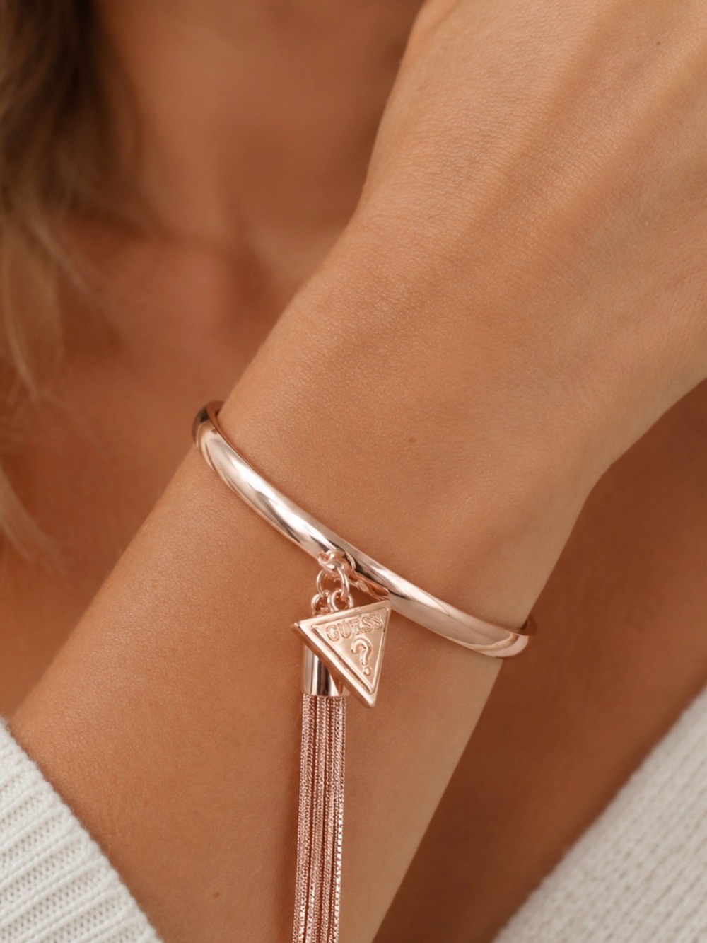 GUESS Rose Gold Tassel Charm Bangle Bracelet | 7.5” | MSRP $68